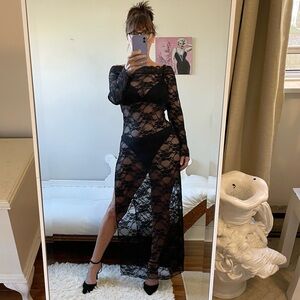 VINTAGE BLACK SHEER LACE LONG SLEEVE COVER UP SIDE SLIT OFF THE SHOULDER STRETCH